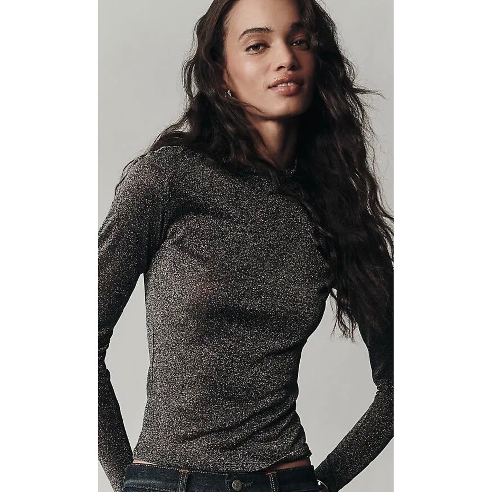 L*Space Shimmer Long Sleeve Mock Neck Metallic Top Black Silver SM